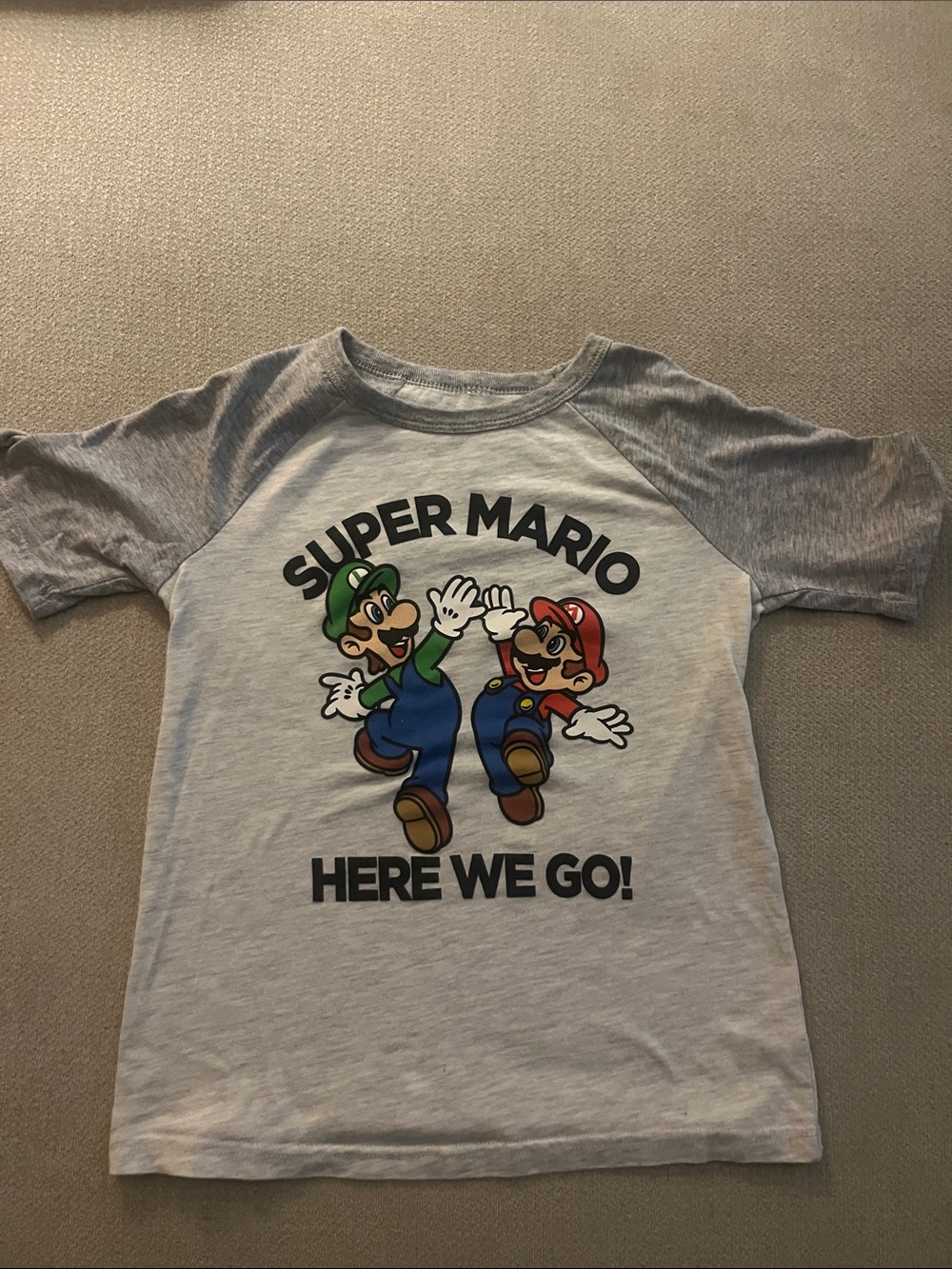 Nintendo Super Mario Raglan Tee in Gray with Red & Green Print